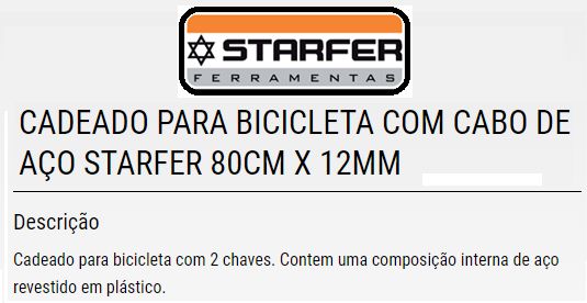 Cadeado P/Bic C/Cabo Aco Ch 80X12mm Starfer