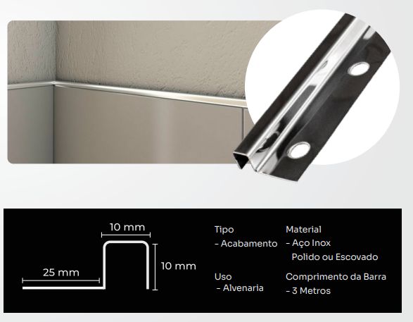Perfil U C/ Base Inox Polido 3,0MT New Ponta