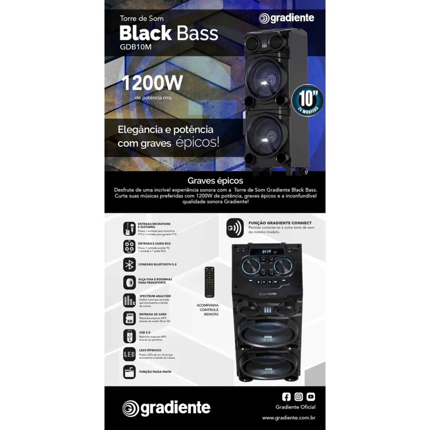 Torre De Som Black Bass 1200W Gdb10M Grad...