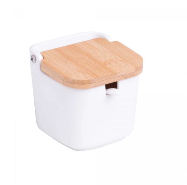Saleiro Mesa Ceramica C/Tampa Bambu E Col...
